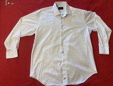 David Donahue Mens Slim Fit Dress Shirt 17.5 34/35 Blue Micro Check Cotton
