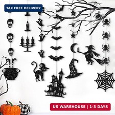 Glitter Black Halloween Hanging Banner Garland Decorations - Ghosts, Witches, Ba