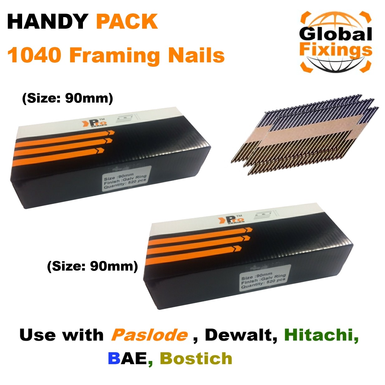 Handy Pack 1040 x 90mm Galvanised Ring Framing Nails for DEWALT,Paslode