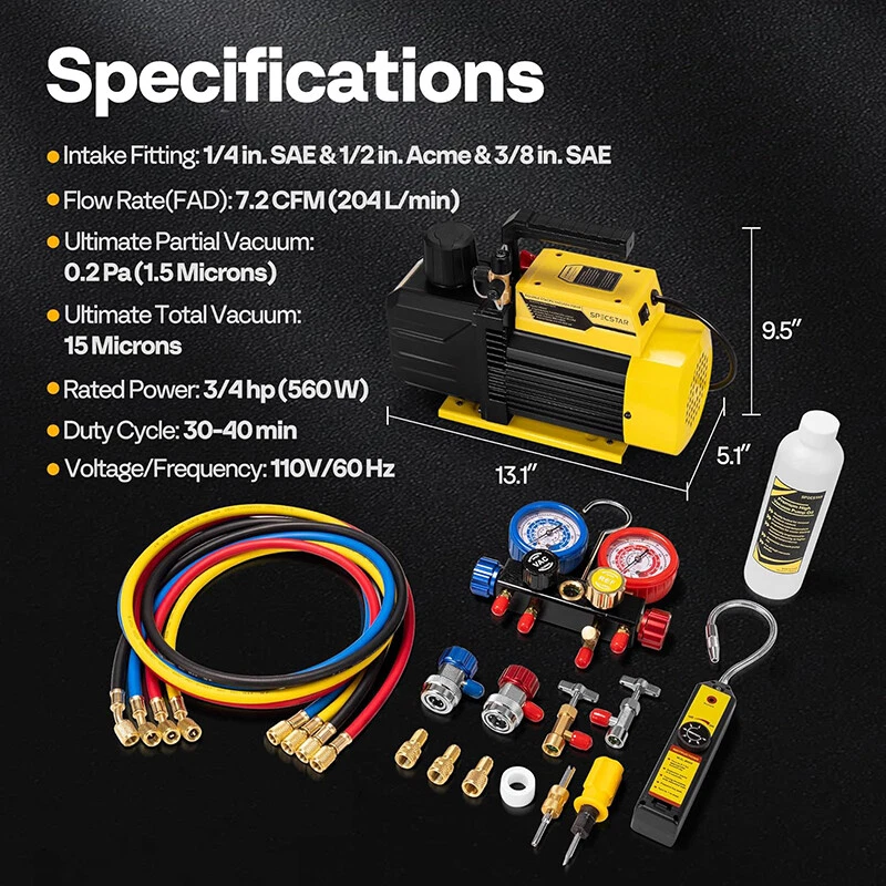 3/4 HP 7.2 CFM 2-Stage HVAC Vacuum Pump & 4 Way AC Manifold Gauge Set for R134a - Image 2 of 4