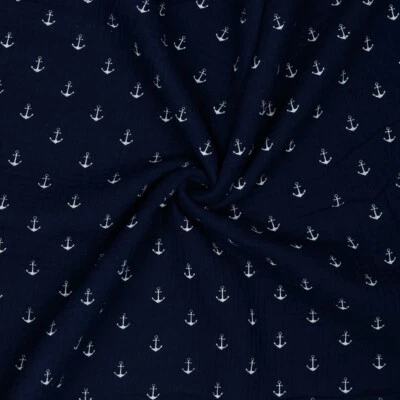 MARKENLOS MUSSELIN Stoff Baumwolle Double Gauze Maritim Anker auf MARINE EUR 9,98/m