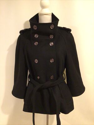 HALLHUBER Women s Sz 40 (EU), L (US) Black 3/4 Slv Wool Pea Coat Silver Buttons
