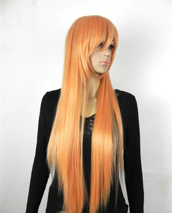 Moda Largo Naranja Oblicuo Flequillo Recto Mujeres Juegos con disfraces Peluca de Pelo Pelucas + Gorra Peluca Foto 3 de 4