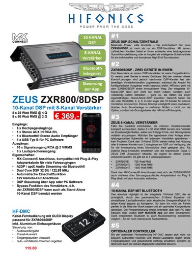 Hifonics Zxr800/8dsp Class A/B Analog 8-Kanal Amplifier 10-Kanal Dsp Processor - Picture 6 of 9