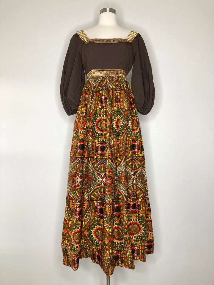 Vestido Vintage Lanzillotti para Bzzz-Bzzz Marrón Naranja Maxi Estampado Geométrico Años 70 Foto 3 de 4