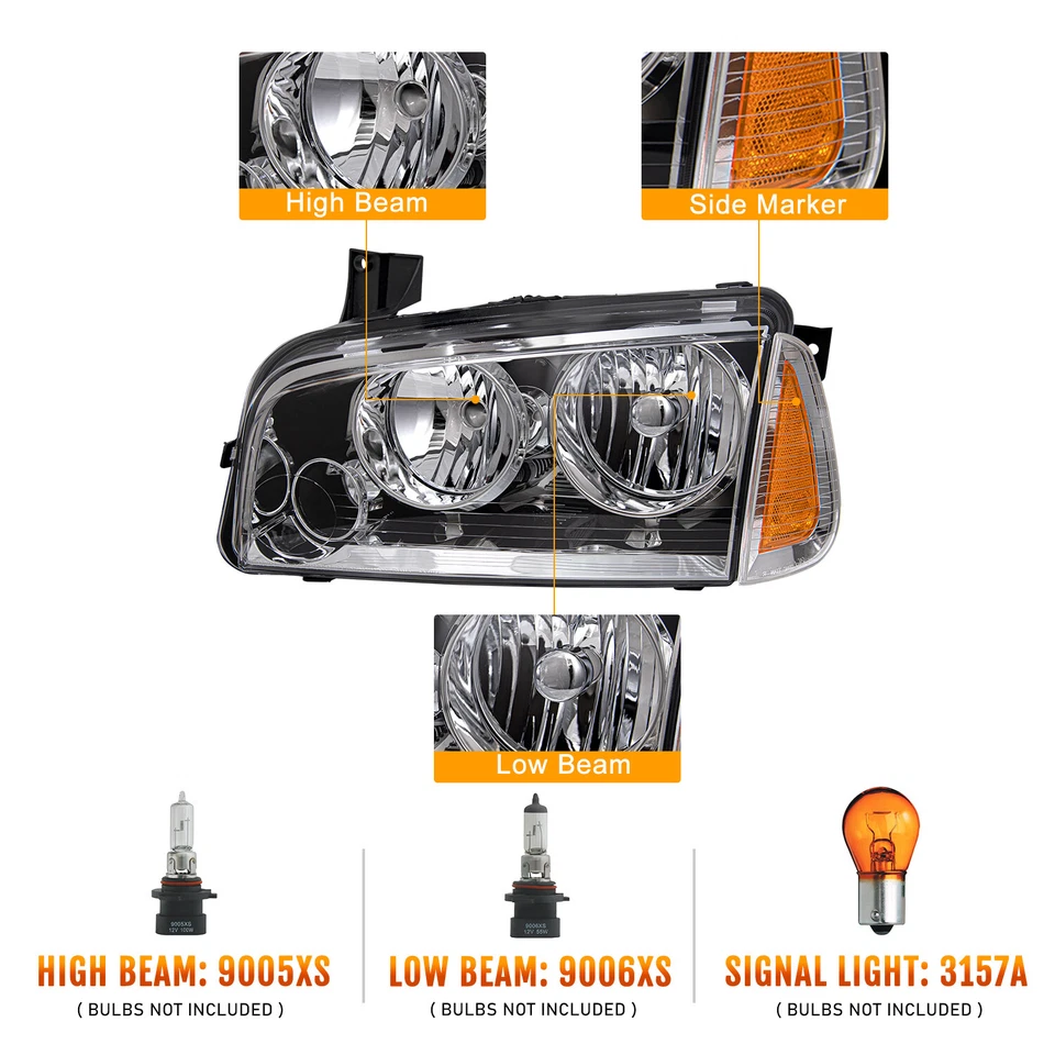 PAIR FOR DODGE CHARGER SE SXT SXT 2006-2009 CHROME AMBER HEADLIGHTS HEADLAMPS - Image 2 of 4