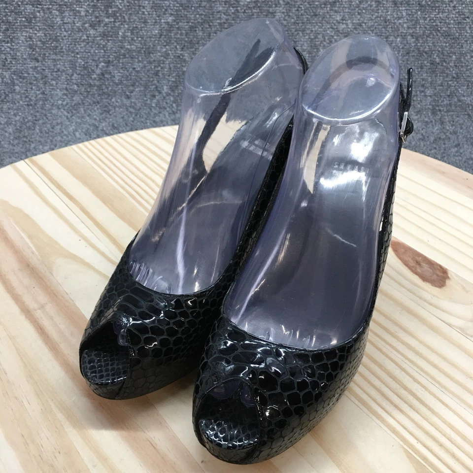 Tacones Stuart Weitzman para mujer 7 M con cordones negros de piel de serpiente punta abierta Stiletto Foto 3 de 4