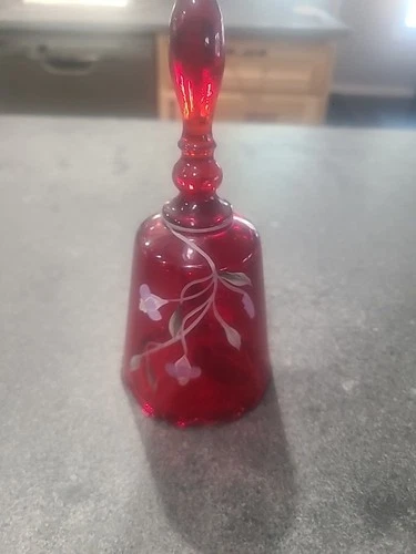 Fenton Ruby Red Glass Dinner Bell with Floral Design, Signed I1