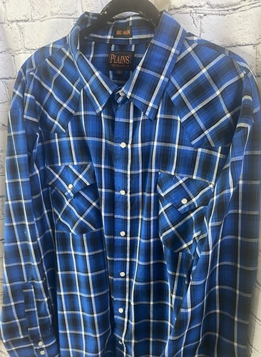 Plains Shirt Mens Big Man 3X Pearl Snap Long Sleeve Blue Plaid Cowboy Western - Picture 3 of 4