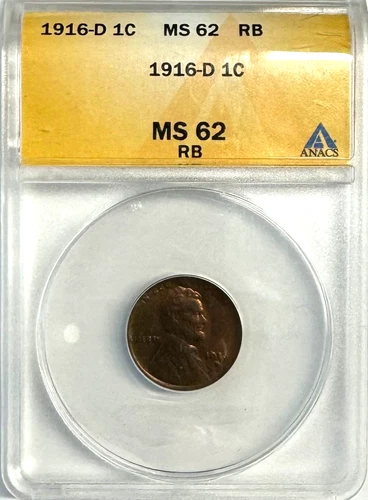 1916-D Lincoln Wheat Penny , MS 62 RB ANACS, NR