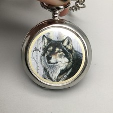 Al Agnew Wolf Pocket Watch 46mm Chain Wildlife Art with Chain New Battery