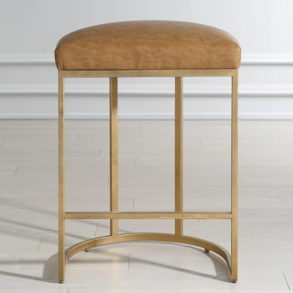 Stellix Antique Brushed Brass Counter Stool | Modern Iron Frame with Camel Color - Image 2 of 4