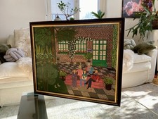 Original Vintage Gemälde "Gesellschaftsszene im Innenhof" Naive Kunst handgemalt
