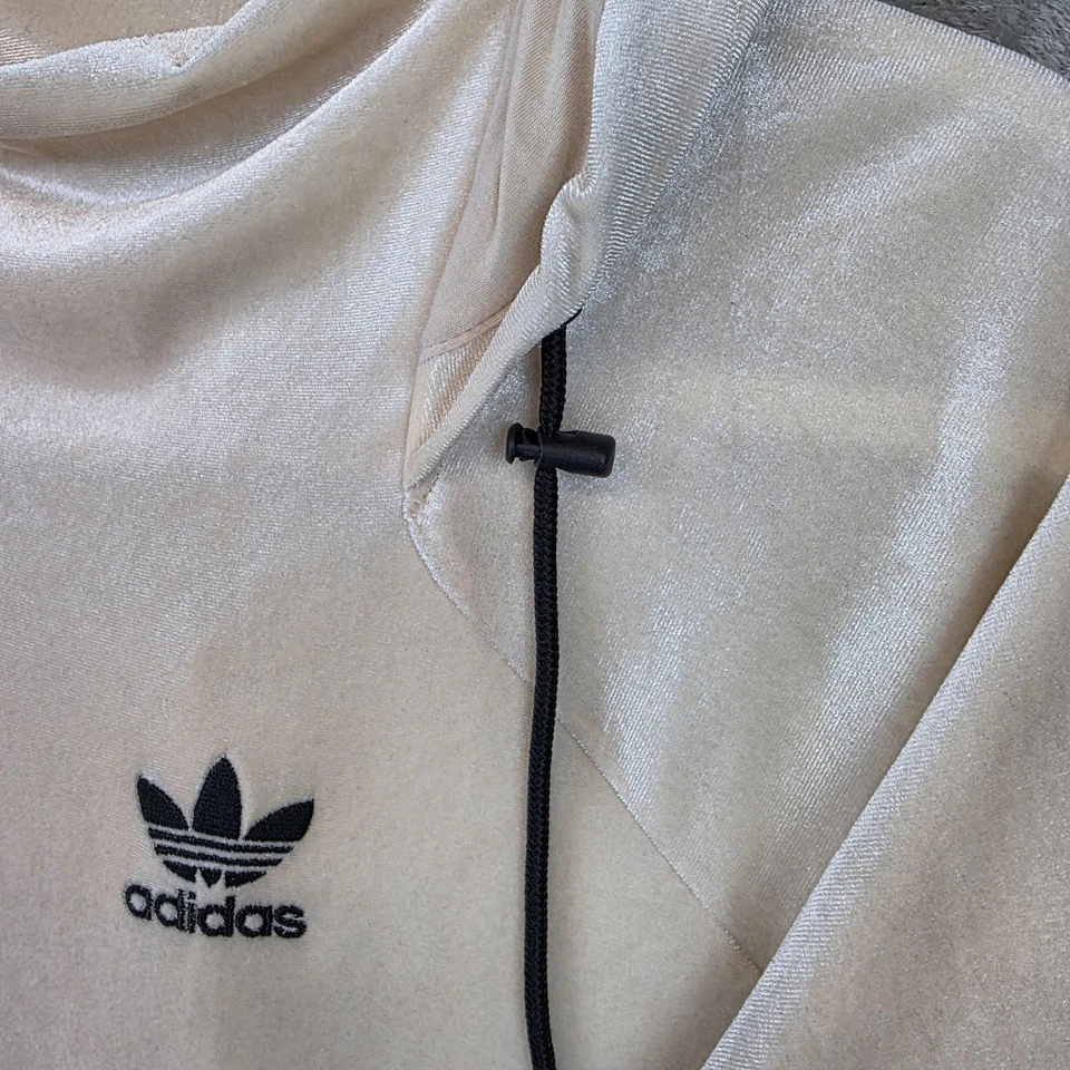 Adidas Sudadera con Capucha Mujer XS Beige Terciopelo Pullover Trifolio Dobladillo Ajustable Bolsillos Foto 3 de 4