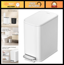 Compact White Bathroom Trash Can with Lid, Soft Close Pedal, 1.3 Gal Capacity