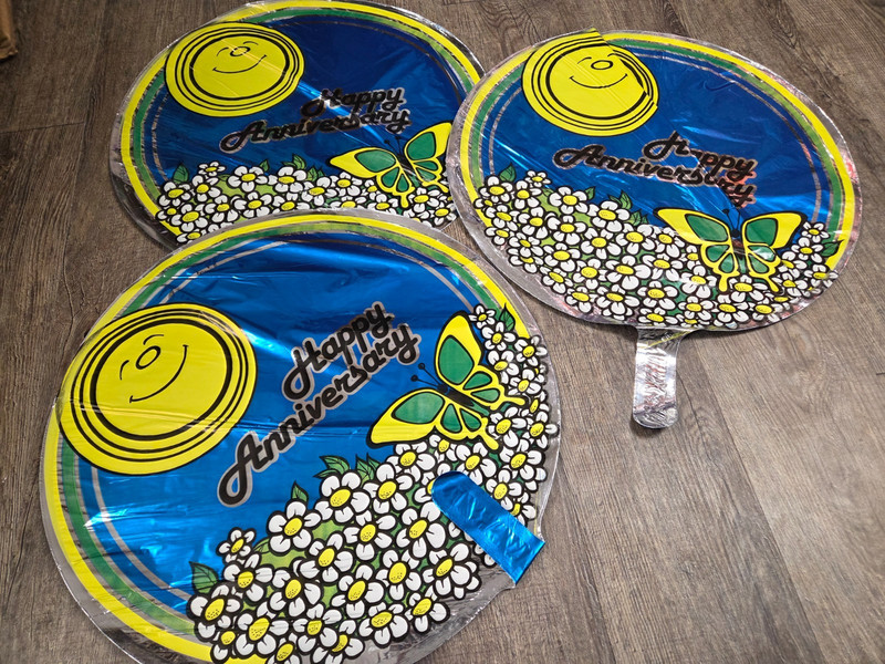 Happy Anniversary Blue Flowers Yellow Vintage Mylar Balloons From 1980s Lot of 3