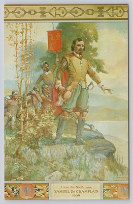 Samuel De Champlain 1609 Mural New York History Postcard Photochrome