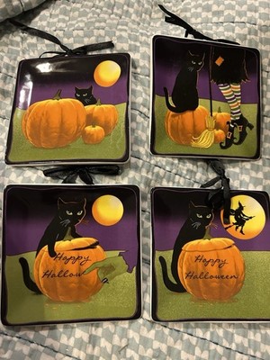 Set 4 Halloween BLACK CAT PUMPKINS & WITCH 5'' plates Suzanne Nicoll Manual