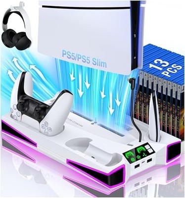 PS5 Stand, PS5/Slim/Pro Cooling Station with 2.36in Cooling Fan, Controller Char