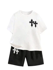 Boy's 2Pc Sport Tracksuit - Cross Graphic Tee & Shorts Set
