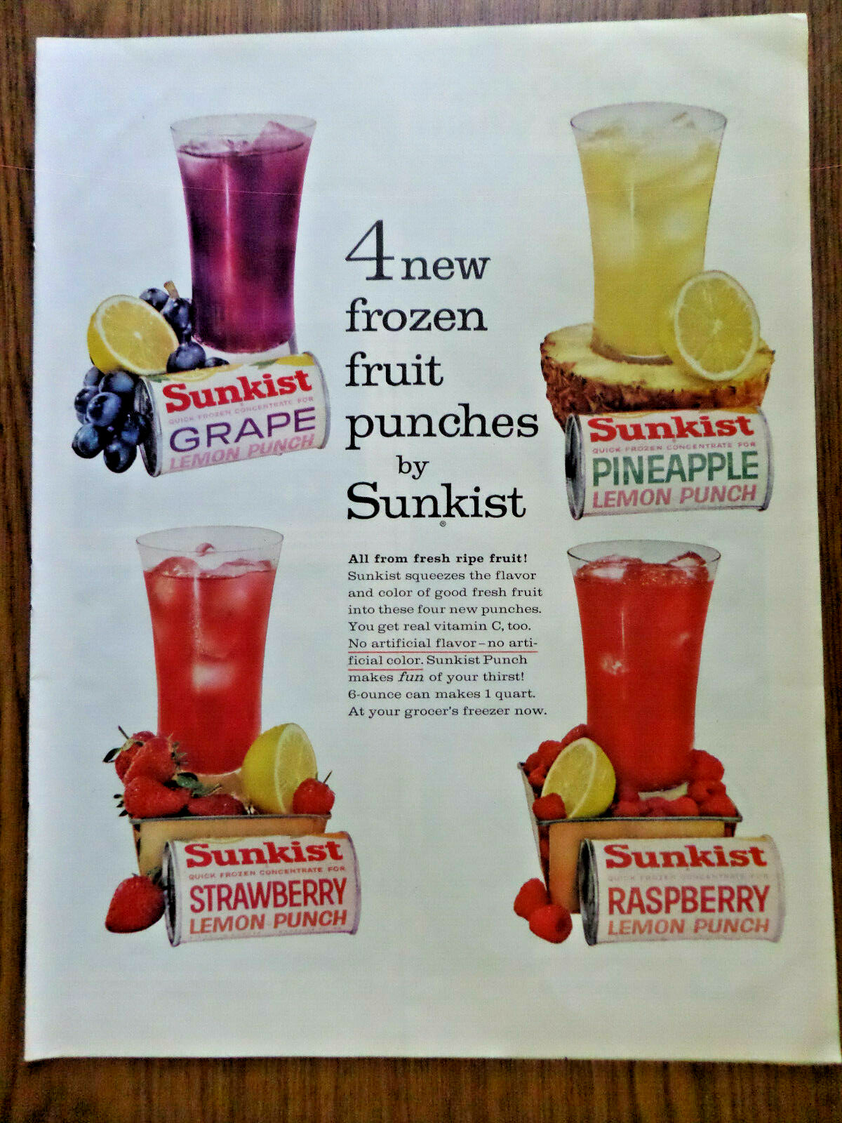 1960 Sunkist Frozen Fruit Punches Ad Grape Pineapple Strawberry