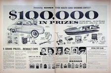 1957 Mennen Grooming $100,000 Prize Contest 2-Page Print Ad Yellow Jacket Boat