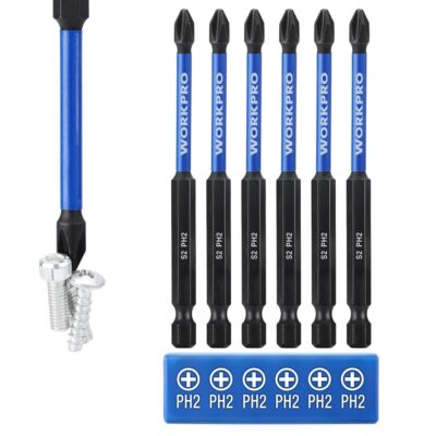 WORKPRO 6PC PH2 Impact Phillips Screwdriver Bits 1/4'' Hex-Shank #2 Phillips Bits