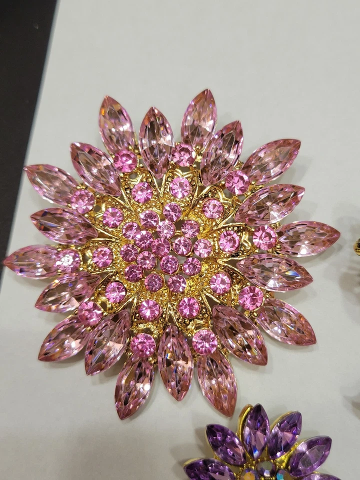 Big Floral Multicolor Pink Purple Rhinestone Flower Brooch Jewelry Lot CA P176-1 - Image 4 of 4