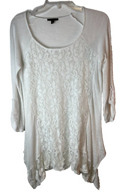 Cupio Women's Small Tunic Top Lace Semi Sheer Roll Tab Sleeve Asymmetrical Hem