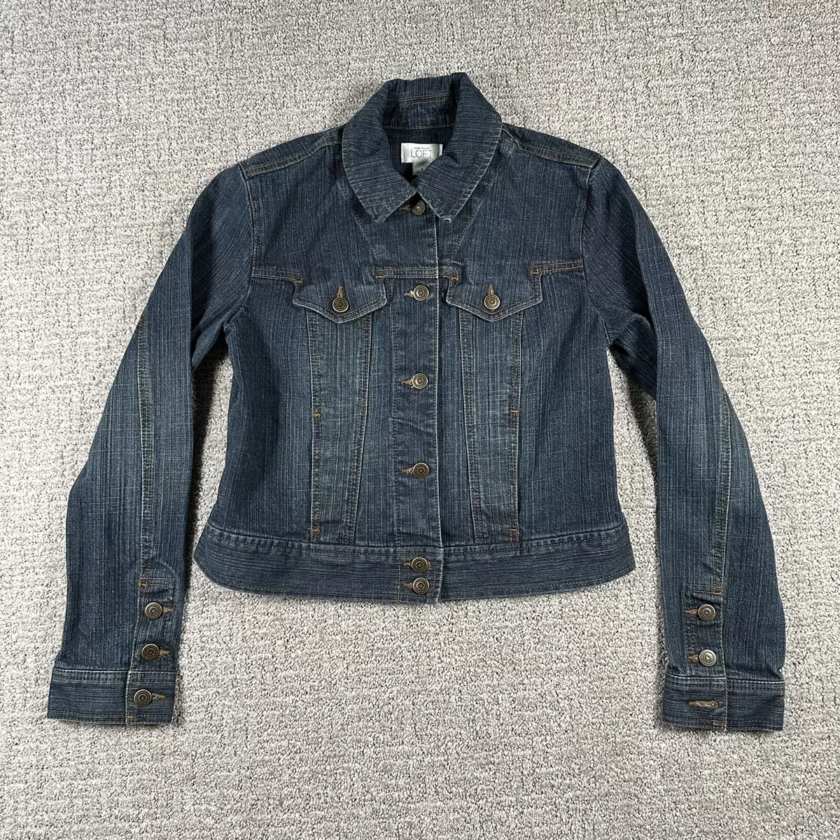 Ann Taylor Loft Jean Jacket 4 Blue Denim Dark Wash Stretch Logo Womens