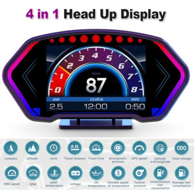 Auto HUD Head-Up Display OBD2 GPS Tachometer Anzeige Alarm Umgebungs Licht KFZ