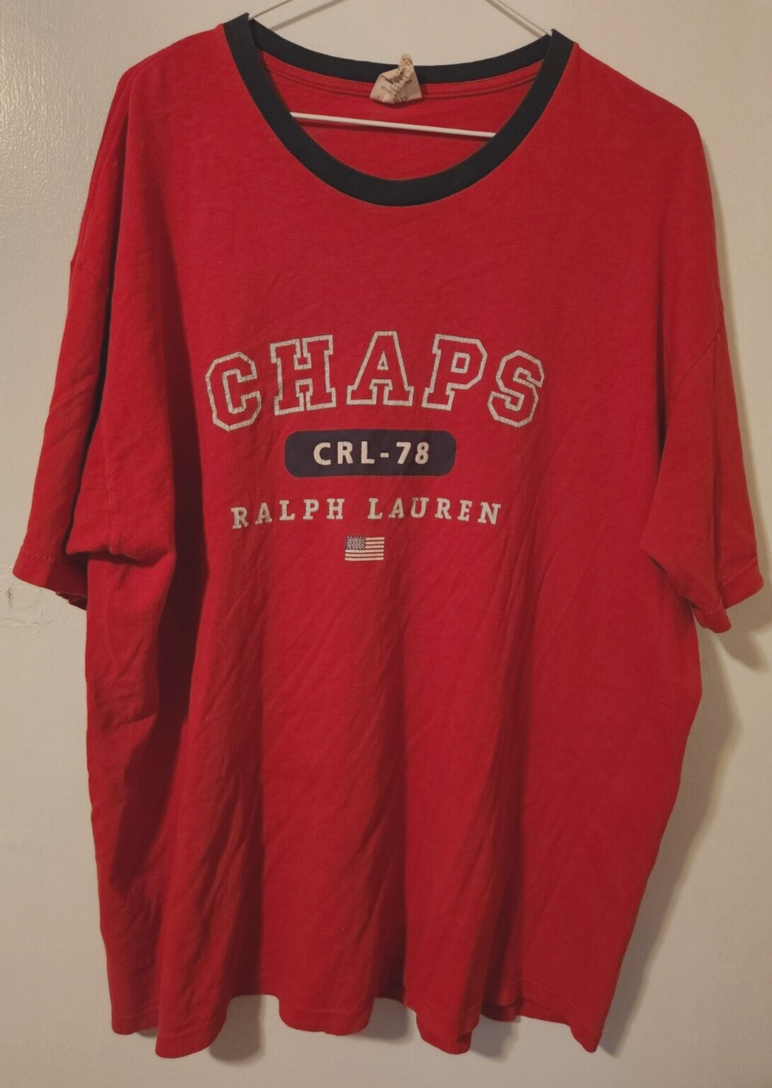 Chaps Ralph Lauren VTG Mens L Short Sleeve Crew Neck T-Shirt Spellout Flag Print