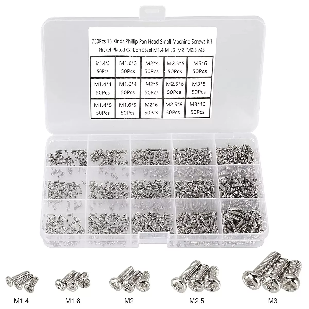 750pcs M1.4 M1.6 M2 M2.5 M3 Phillips Pan Head Small Machine Screws