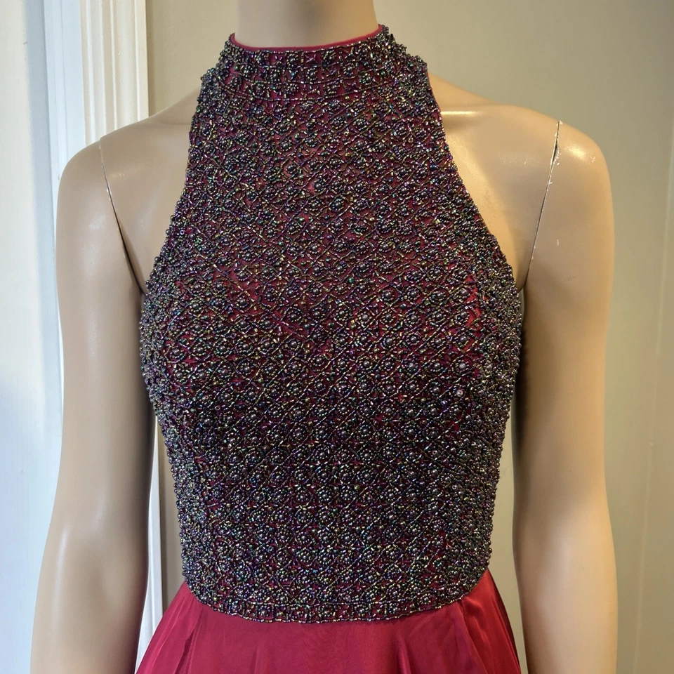 Sherri Hill Burgundy Beaded Sequin Bodice Halter Pageant Prom Cocktail Dress Sz4 - Image 2 of 4