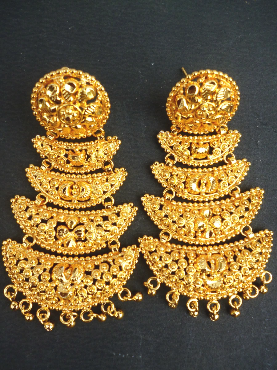 22K Gold Plated Flower Indian 2.5 Long Gorgeous Jhumka Wedding Earrings .d