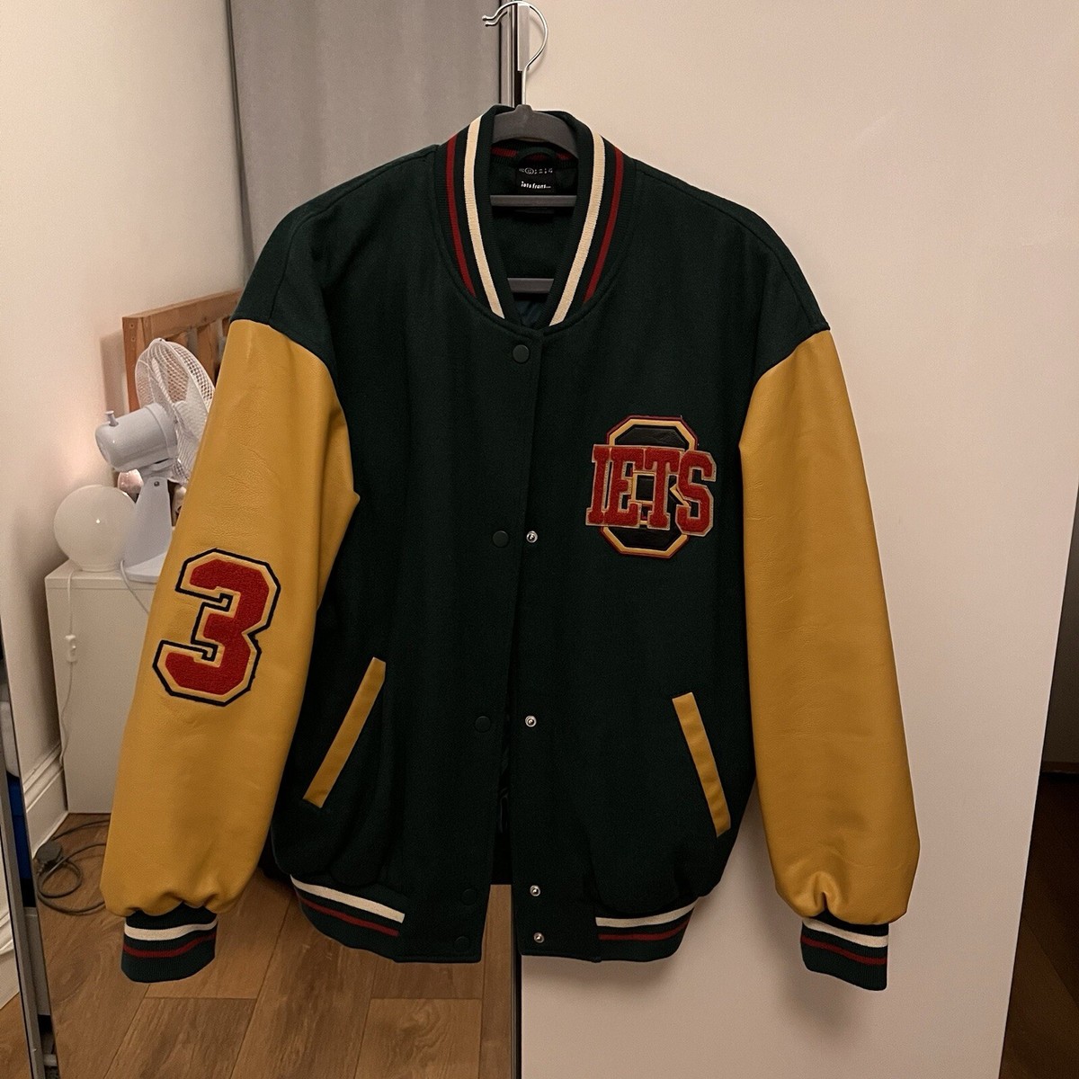 Urban Outfitters Iets Frans green yellow faux leather oversized varsity  jacket