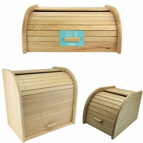 Wooden Bread Bin Double Layer Roll Top Kitchen Food & Loaf Storage