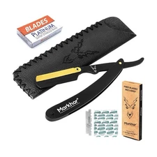 24k Gold Plated Straight Razor with Leather Pouch & Replaceable Blades