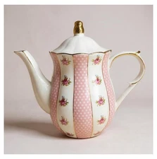 Grace Teaware Gold Pink Dots & Rose Buds Striped Tea Pot 8" Very Pretty