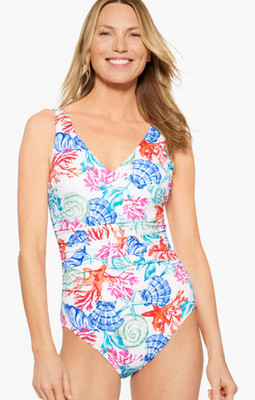 NWT MIRACLESUIT X TALBOTS CORAL & SHELLS BLOCKBUSTER ONE PIECE SWIMSUIT SZ 16