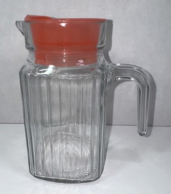 VINTAGE KIG  6 1/2'' JUICE CAFE square PITCHER CLEAR GLASS Pink/Orange Top