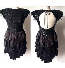 Vtg 80s ZUM ZUM Black Dress 3 4 Sequins Ruffles Shoulder Pads Union Md USA FLAWS