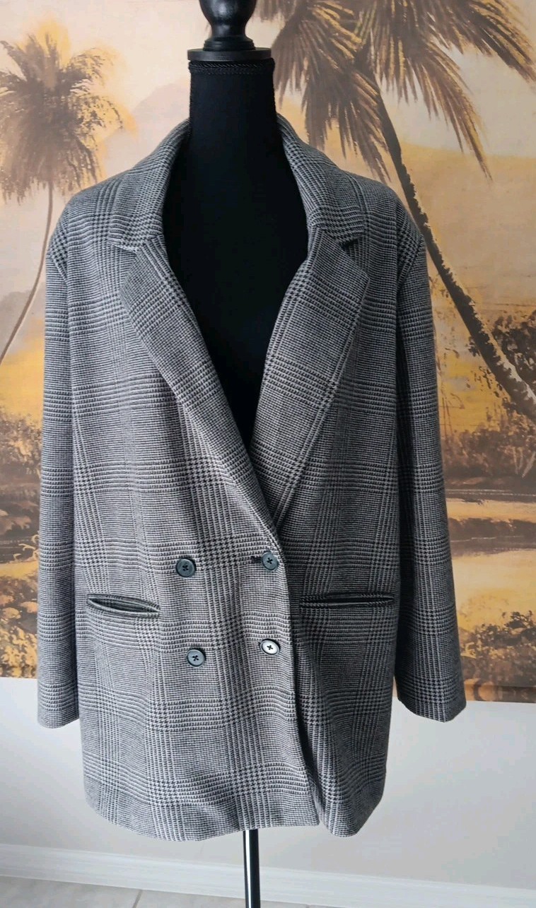 Old Navy Knit Double Breasted Oversized Blazer, XL, Gray Houndstooth Plaid, Y2K