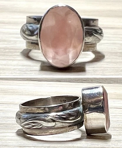 Vintage Peyote Bird PB Sterling  Silver Rose Quartz Solitaire Ring, Size 8