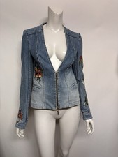 Vtg Roberto Cavalli Blue Denim Leather Embroi...