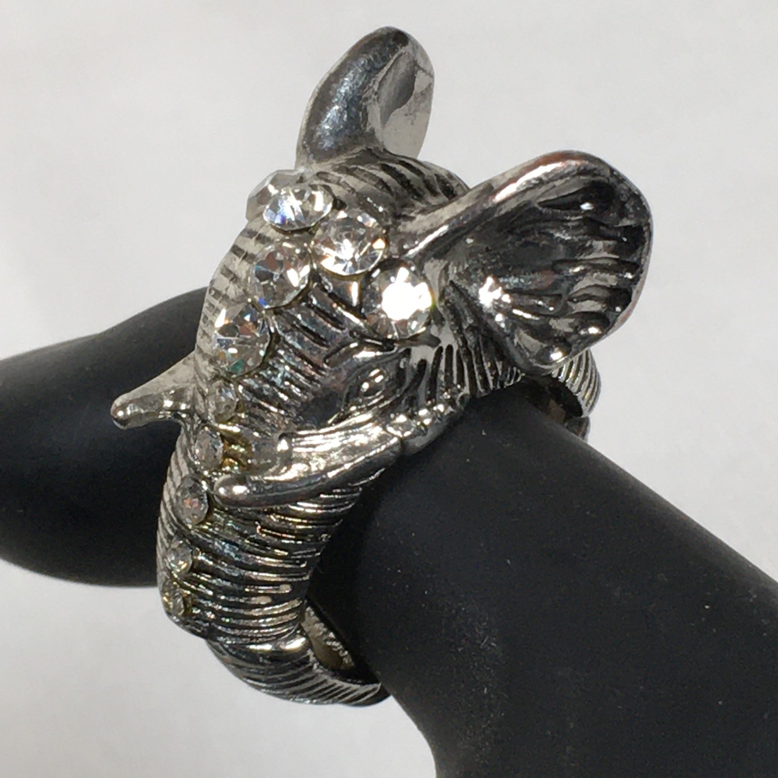 Silver Tone Elephant Head Flexable Ring Rhineston… - image 1