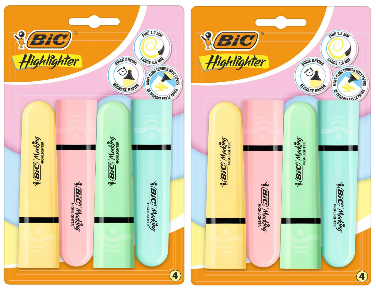 2 x Bic Pastel Highlighters, Tank, Flat, 4 Pack, Chisel Nib (8 Total)