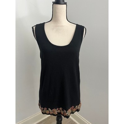 Ellen Tracy Black Knit Shell Top 1X Bamboo Cashmere Embroidered Artsy Vintage