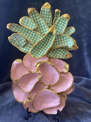 Handmade Pineapple Decor Pink Polka Dot Green Gingham Gold Trim Accent