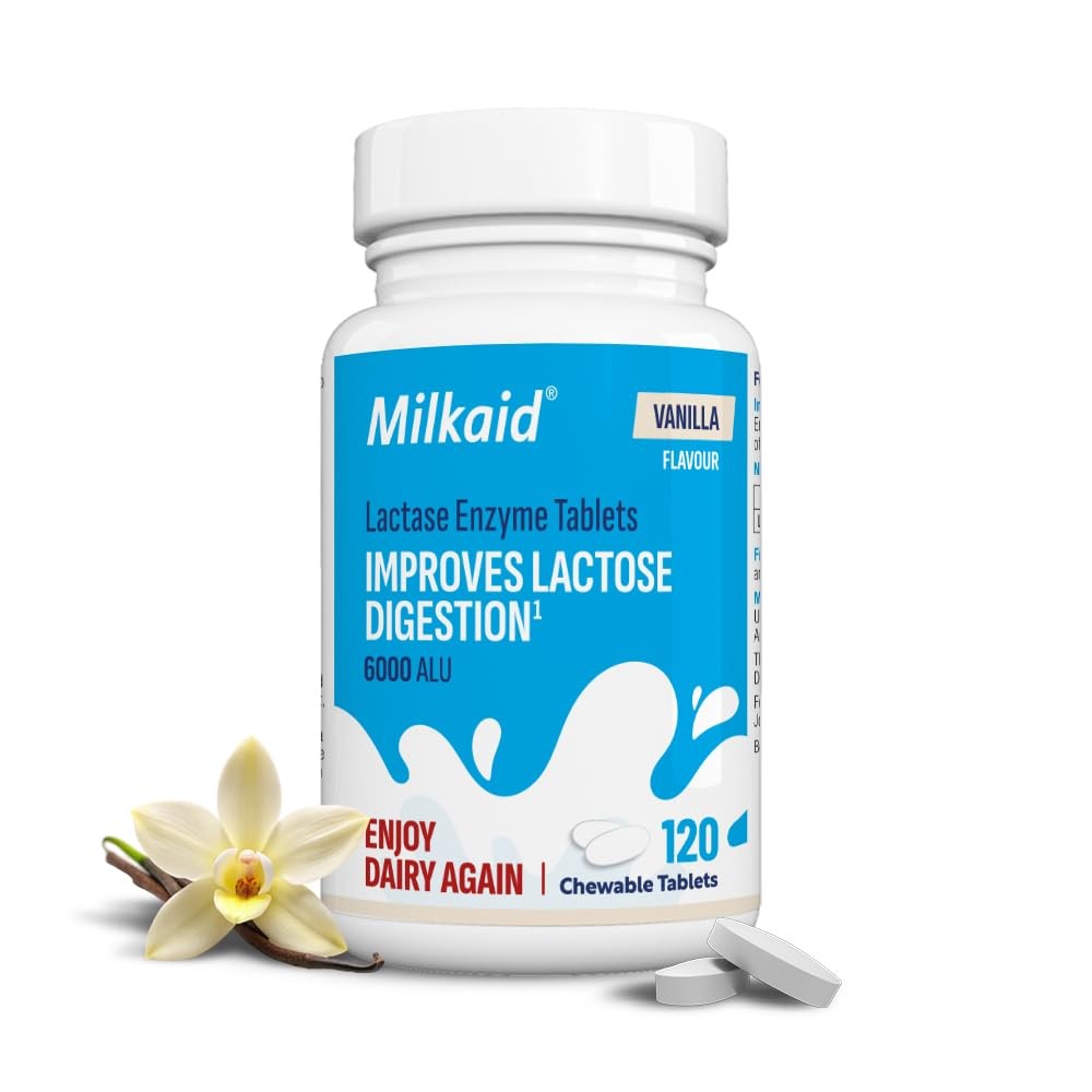 Milkaid Vanilla Lactase Tablets Fast Relief for Lactose Intolerance, 120 Vegan.